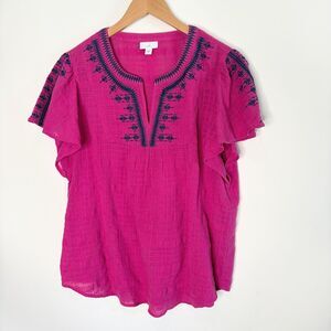 J Jill Top Blouse Embroidered CottagecCore Pink Flutter Sleeve V-Neck Women M